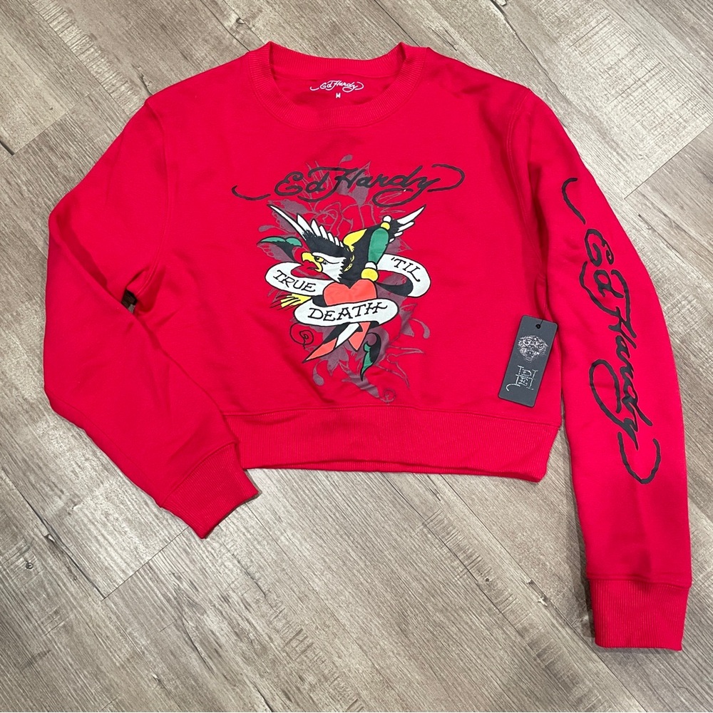 NEW Ed Hardy‎ Womens True Till Death Cropped Sweatshirt Cherry Red Size M